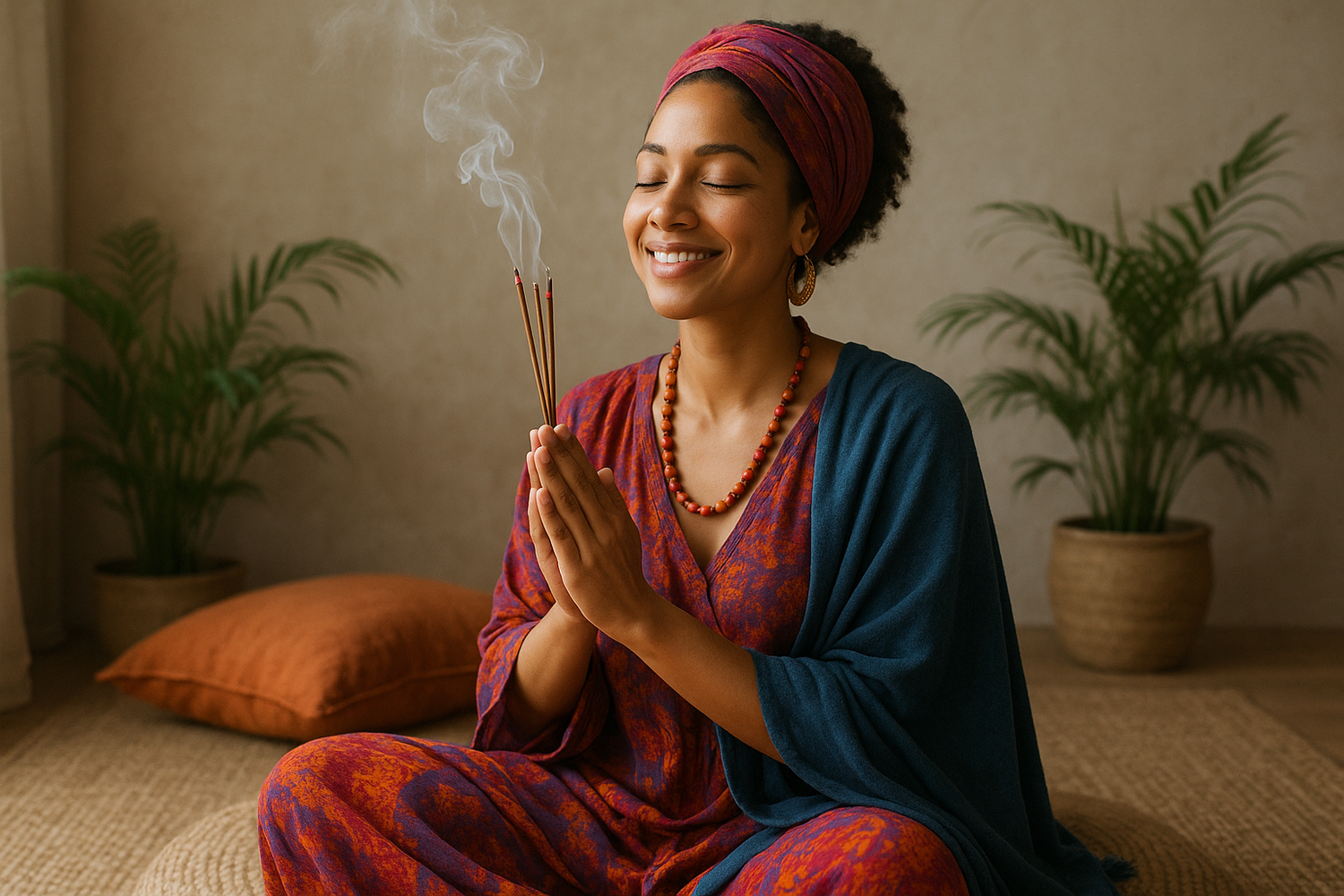 een kleurrijk geklede vrouw geniet al glimlachend van de wierookstokjes in haar handen. Haar ogen zijn toe en ze zit in een zen setting